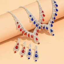 Vòng cổ trang trí đá rhinestone & Bông tai thả - Đỏ - Xem 4