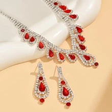 Vòng cổ trang trí đá rhinestone & Bông tai thả - Đỏ - Xem 2