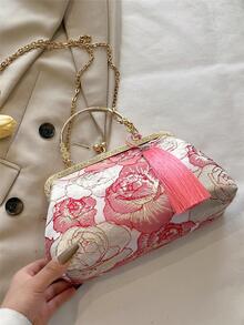 Bolso cartera pequeño con patrón de flor con diseño de fleco de moda con cadena - Rojo - Ver 6