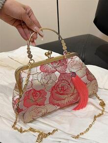 Bolso cartera pequeño con patrón de flor con diseño de fleco de moda con cadena - Rojo - Ver 8