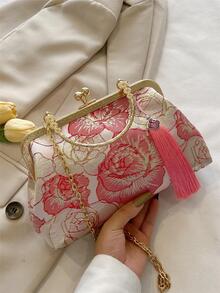 Bolso cartera pequeño con patrón de flor con diseño de fleco de moda con cadena - Rojo - Ver 2