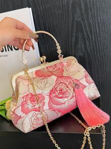 Bolso cartera pequeño con patrón de flor con diseño de fleco de moda con cadena - Rojo - Ver 1