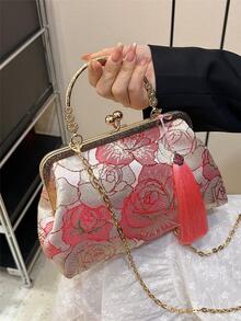 Bolso cartera pequeño con patrón de flor con diseño de fleco de moda con cadena - Rojo - Ver 10