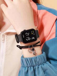 1pc Square Electronic Watch & 1pc Astronaut Charm Bracelet