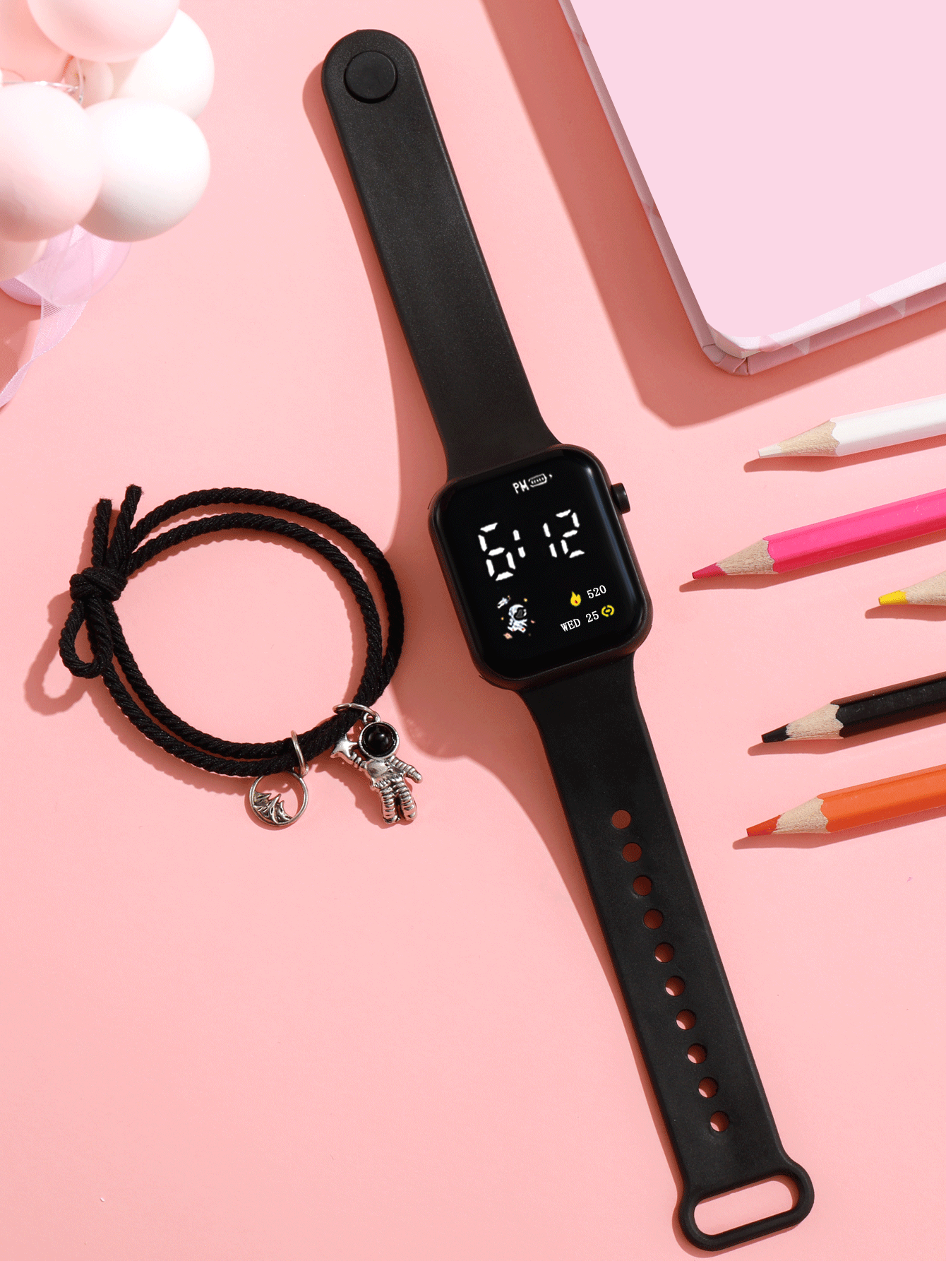 1pc Square Electronic Watch & 1pc Astronaut Charm Bracelet