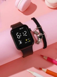 1pc Square Electronic Watch & 1pc Astronaut Charm Bracelet