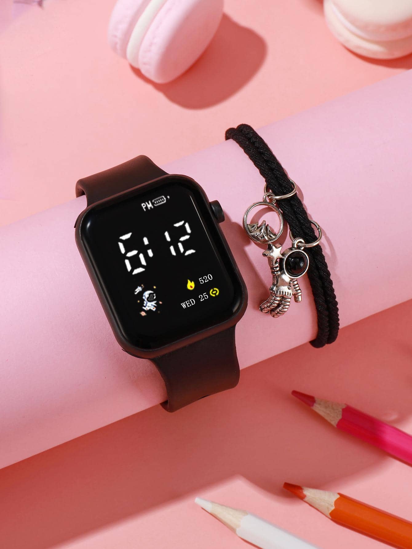 1pc Square Electronic Watch & 1pc Astronaut Charm Bracelet
