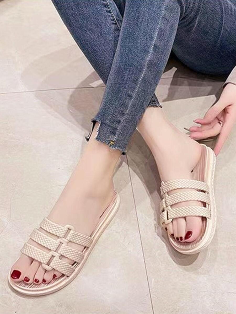 Fashion Beige Slippers For Women, Braided Design Slides - Beige - View 1