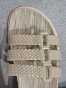 Fashion Beige Slippers For Women, Braided Design Slides - Beige - View 3