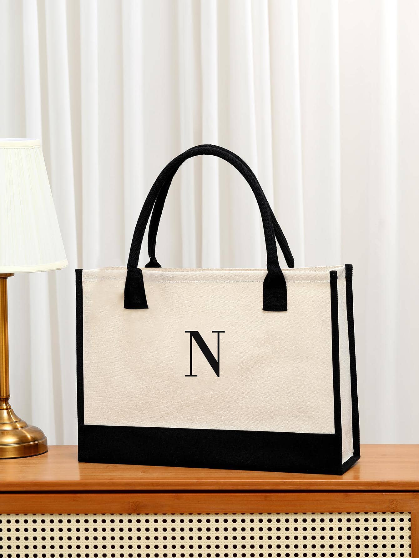 字母圖案購物袋休閒敞口雙把手 - 米色 - 查看 1