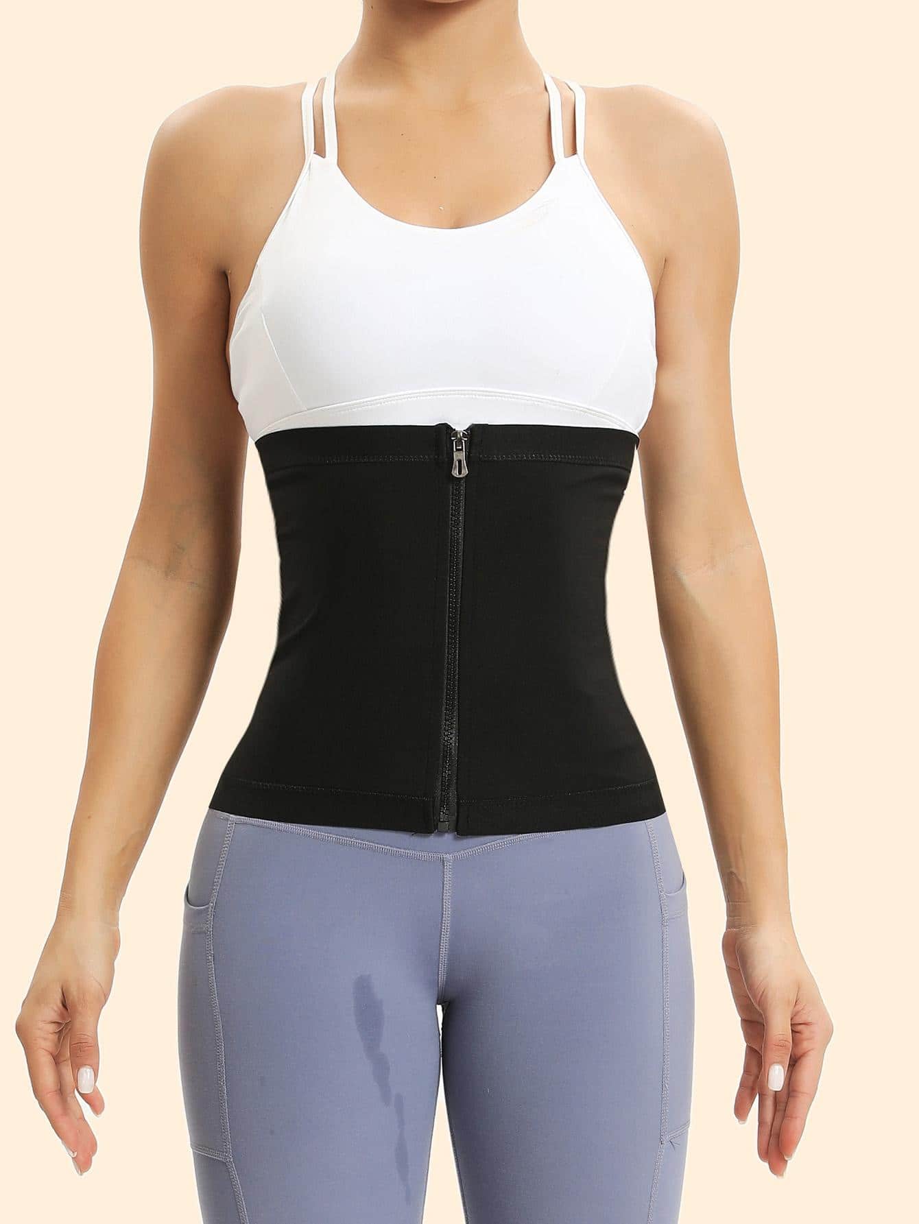 1件防水腰部控制pu聚氨酯運動胸衣,前拉鍊設計,女性腰部訓練塑身衣 - 金色 - 查看 1