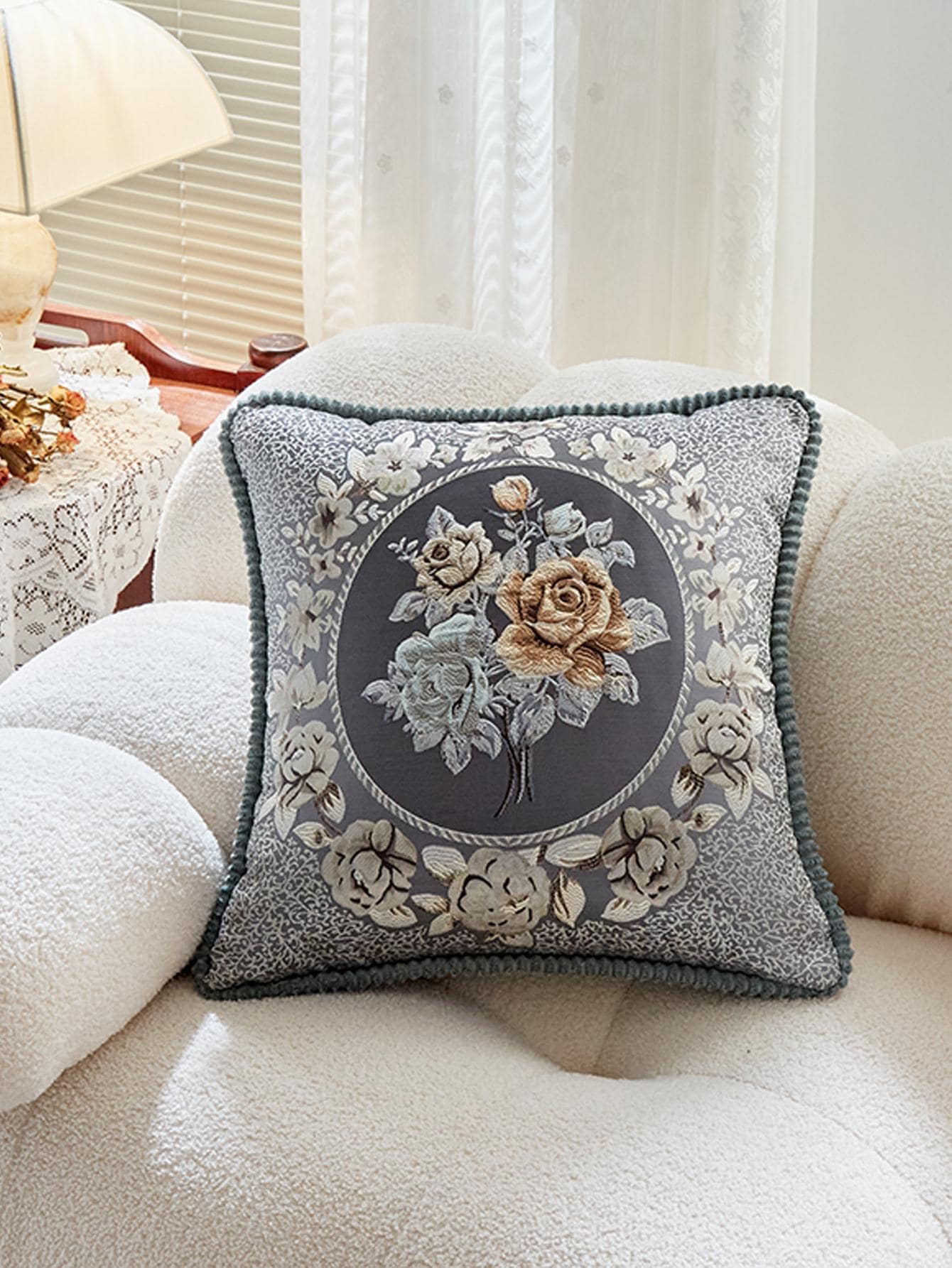 Floral Embroidered Cushion Cover Without Filler - Grey - View 1