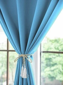 1 件纯色窗帘，遮光隔热窗帘，适用于客厅和卧室，简约现代，无需钻孔安装，粘贴式窗帘布 - 藍色 - 查看 5