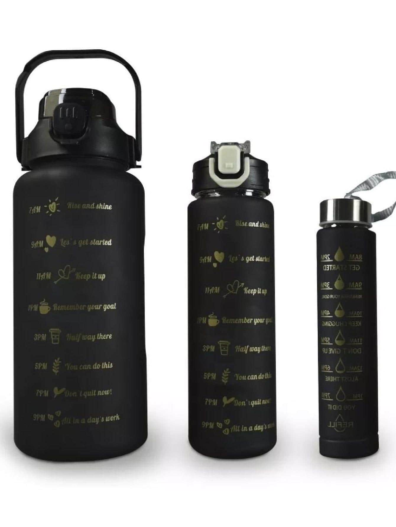 Botella de Agua motivacional  Negro "Kit de Hidratacióncon 2L, 900ml, 300ml. - Negro - Ver 1