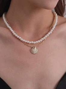 Vòng cổ nhiều lớp đính cườm giả ngọc trai trang trí vỏ trang trí - Vàng - Xem 1