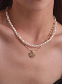 Vòng cổ nhiều lớp đính cườm giả ngọc trai trang trí vỏ trang trí - Vàng - Xem 3