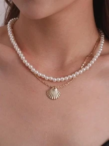 Vòng cổ nhiều lớp đính cườm giả ngọc trai trang trí vỏ trang trí - Vàng - Xem 2