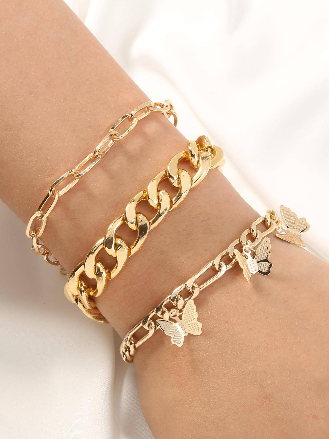 3pcs/set Butterfly Charm Chain Bracelet - Yellow Gold - View 1