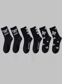 3pairs Butterfly & Letter Graphic Crew Socks - Black - View 1