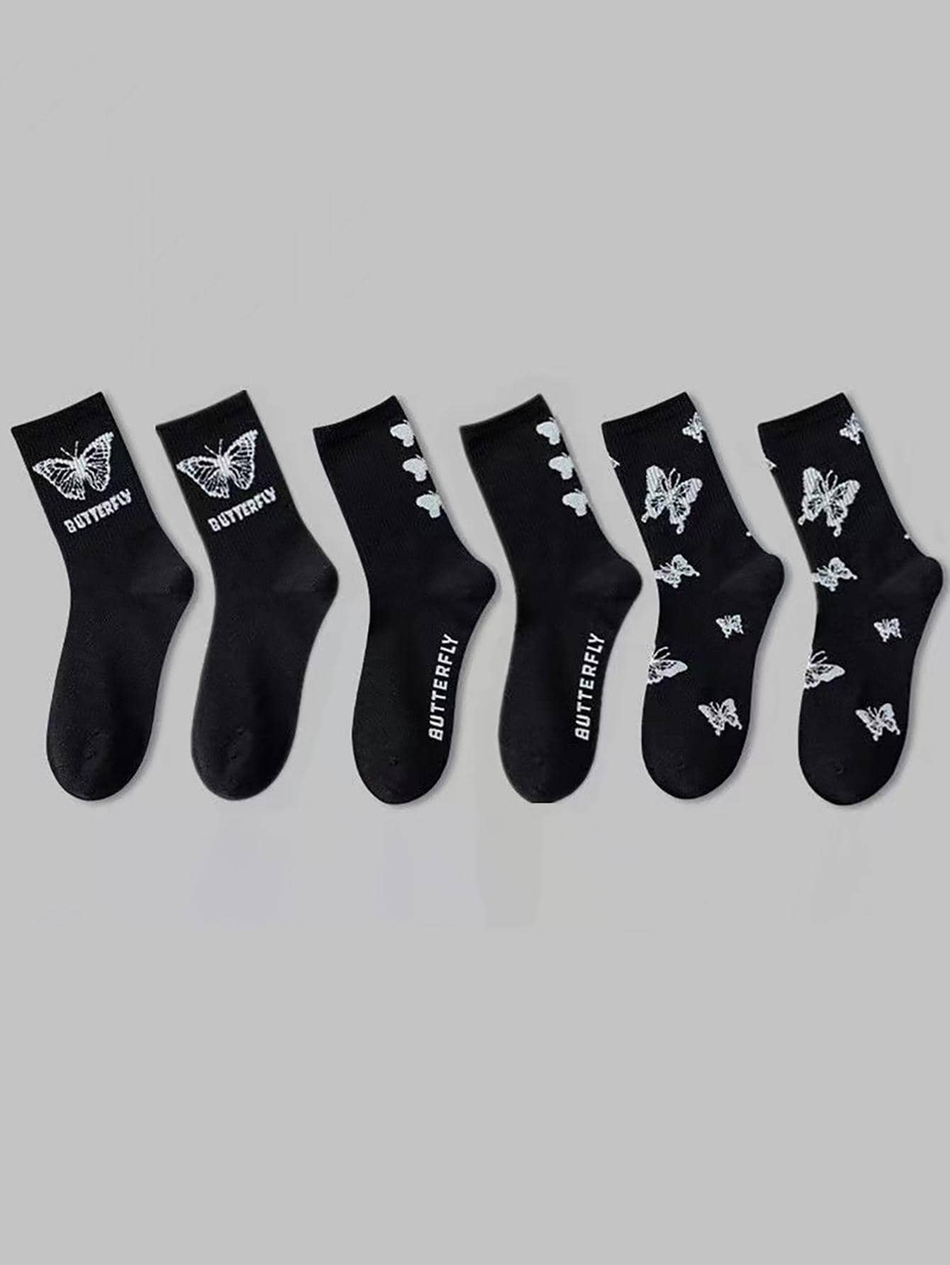 3pairs Butterfly & Letter Graphic Crew Socks - Black - View 1