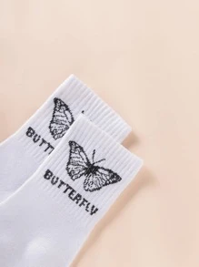 3pairs Butterfly & Letter Graphic Crew Socks - Black - View 4