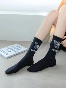 3pairs Butterfly & Letter Graphic Crew Socks - Black - View 2