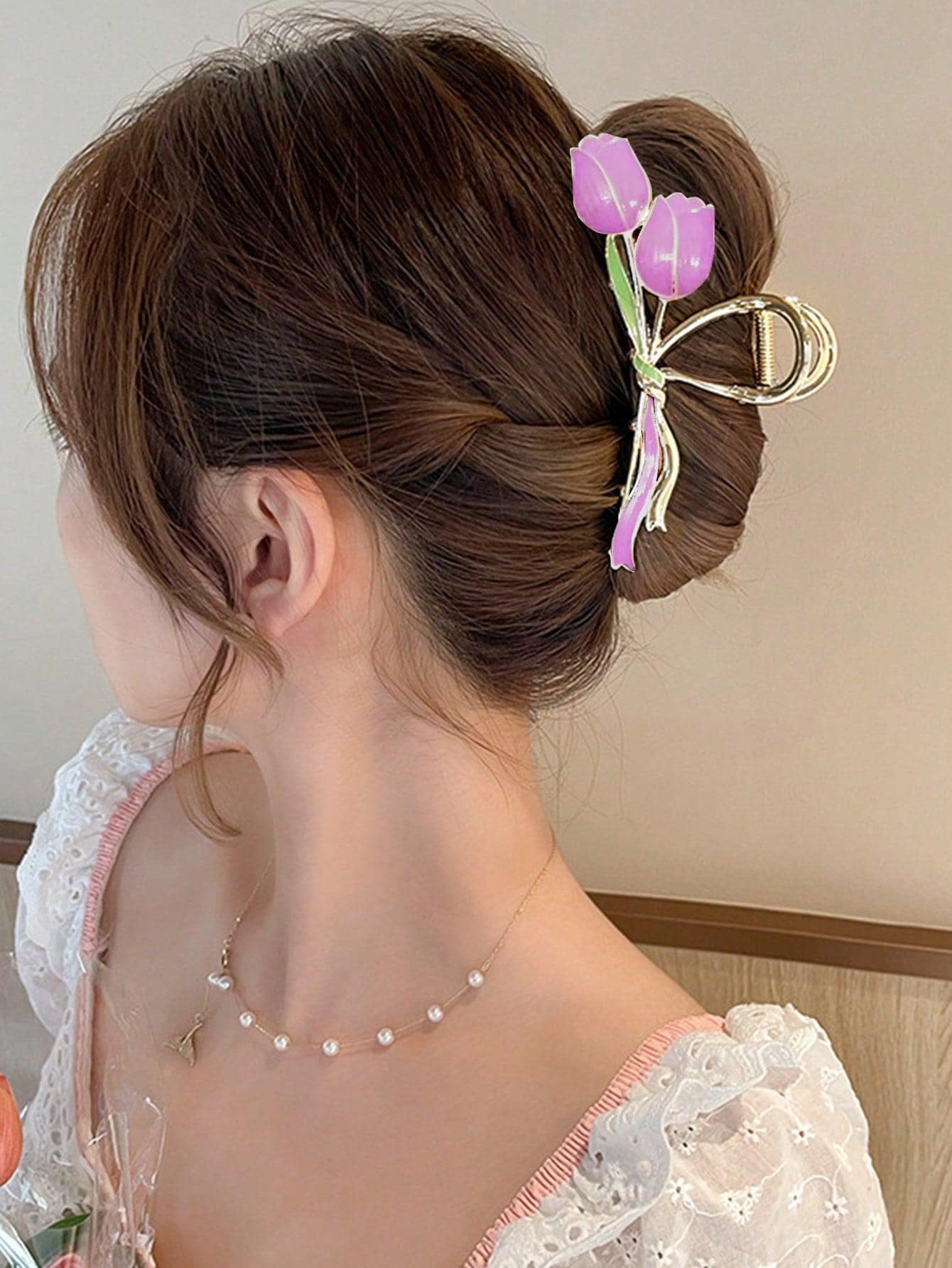 1pc Women'S Multicolor Zinc Alloy Tulip Design Hair Claw Decorated With Ribbon, Fashion Headwear As Gift - Purple - View 1