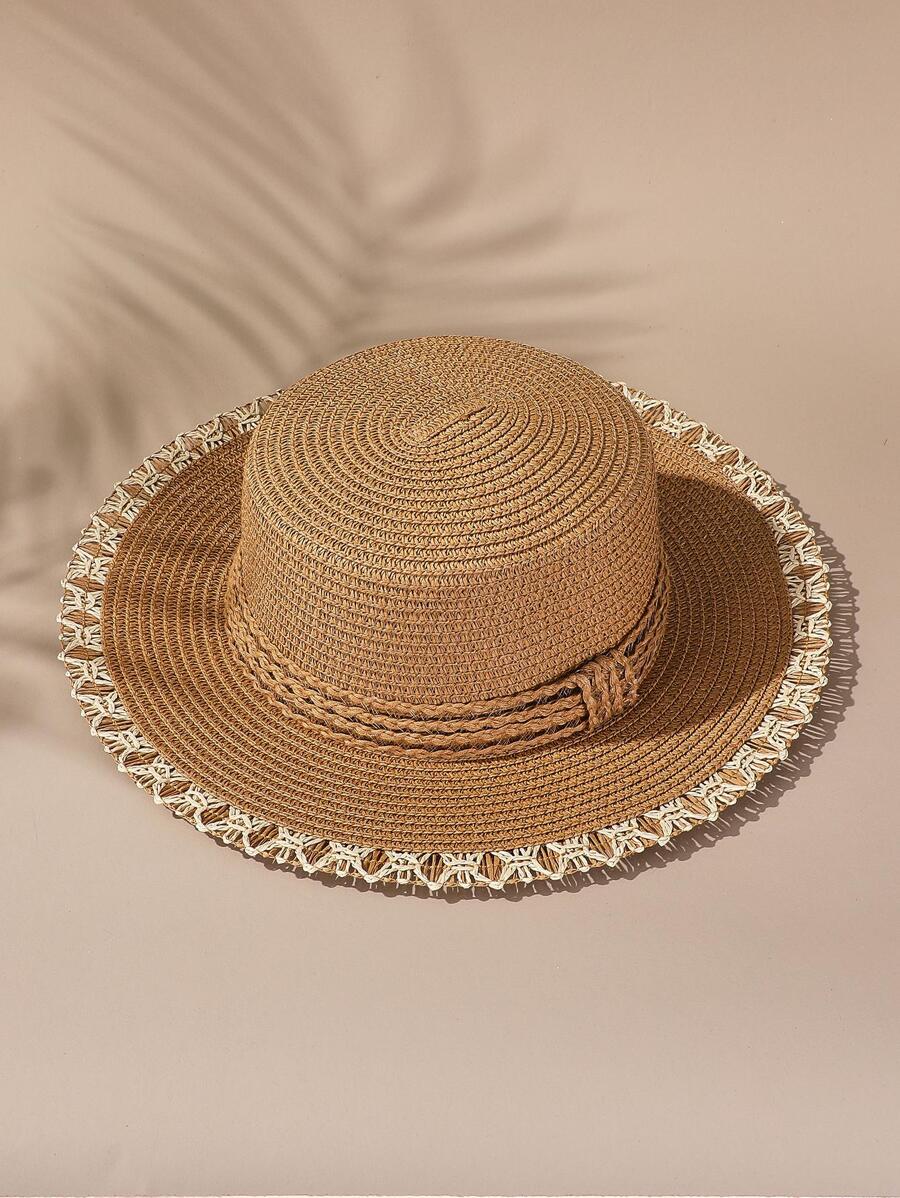 編織細節草編帽 - 卡其色 - 查看 1