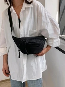 中等腰包素色休閒拉鍊可調節帶 - 黑色 - 查看 5