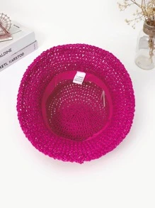 1入女士新款單色手工中空透氣防曬鉤織漁夫帽，適用於度假和日常穿著 - 玫紅色 - 查看 4