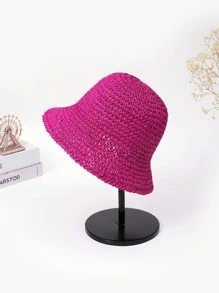 1入女士新款單色手工中空透氣防曬鉤織漁夫帽，適用於度假和日常穿著 - 玫紅色 - 查看 2
