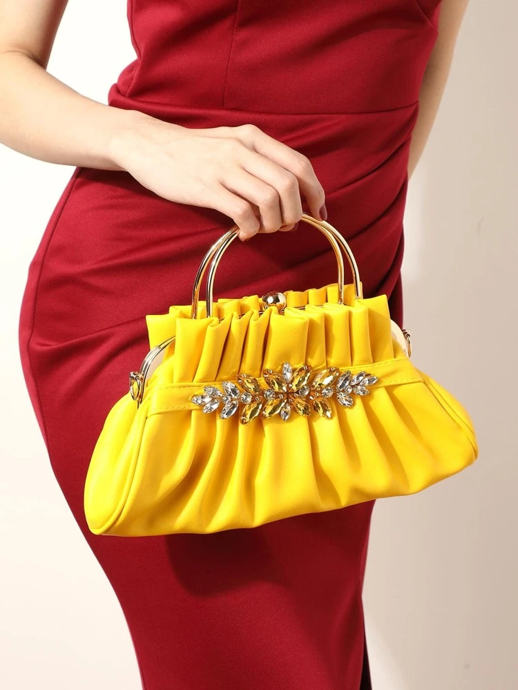 Medium Ruched Bag Rhinestone Decor Fashionable PU
