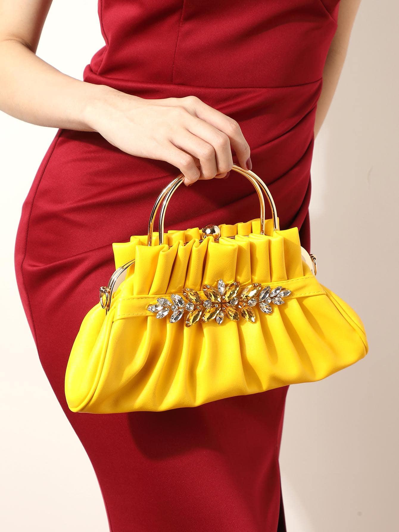 médio Bolsa pregueada decoração de strass fashionable pu - Amarelo - Ver 1
