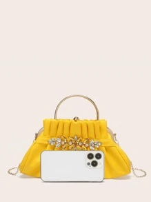médio Bolsa pregueada decoração de strass fashionable pu - Amarelo - Ver 6