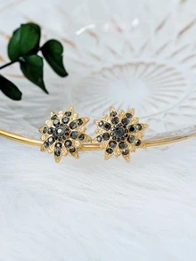 Rhinestone Flower Stud Earrings - Yellow Gold - View 1