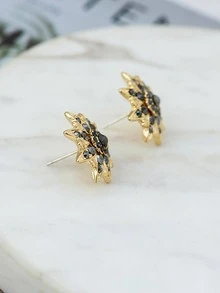 Rhinestone Flower Stud Earrings - Yellow Gold - View 2