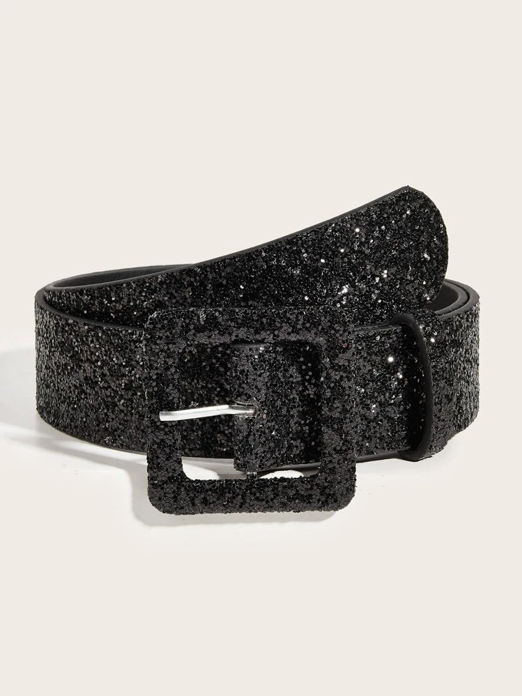 1pc Women's 3.8cm Wide Pu Belt With Sparkling Surface And Clasp, Suitable For Party And Daily Wear Halloween Valentine's Day Summer, School Fall, Autumn, Halloween - Black - View 1