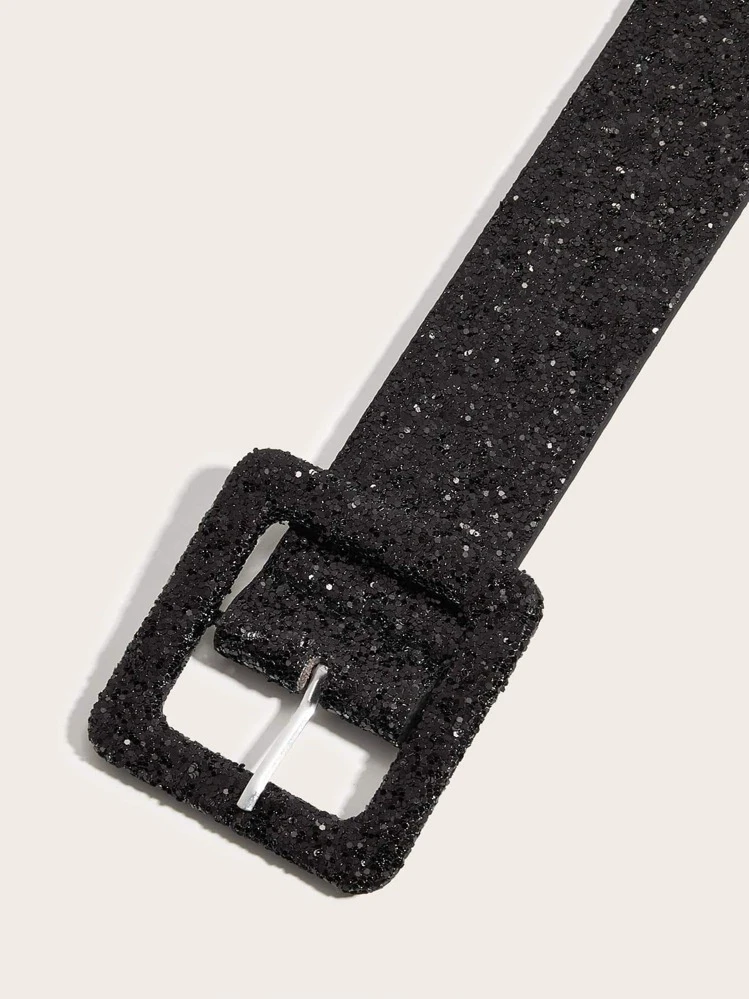 1pc Women's 3.8cm Wide Pu Belt With Sparkling Surface And Clasp, Suitable For Party And Daily Wear Halloween Valentine's Day Summer, School Fall, Autumn, Halloween - Black - View 4