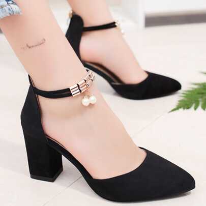 Women Faux Pearl Decor Chunky Heeled Ankle Strap Pumps, Elegant Outdoor Faux Suede Pumps