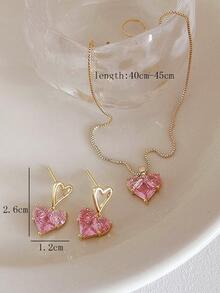 1set Pink Heart Pendant Necklace With 1pc Earring - Multicolor - View 5