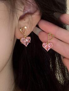 1set Pink Heart Pendant Necklace With 1pc Earring - Multicolor - View 2