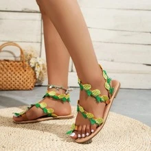 Women Pineapple Decor Thong Sandals, Vacation Summer Fabric Flat Sandals - Green - View 1
