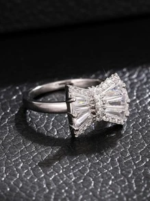 1入組精美方晶鋯石蝴蝶結戒指適合女士適合情人節禮品婚禮訂婚 - 銀色 - 查看 5