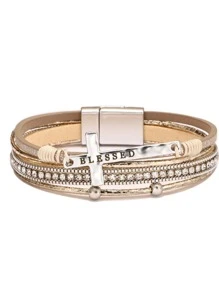 PC Thời Trang PU Polyurethane Chữ Chi Tiết Chữ Thập & Kim Cương Giả Trang Trí Dây Vòng Tay Cho Nữ Trang Trí Hàng Ngày - Màu Khaki - Xem 1