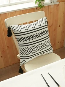 1入組幾何圖案靠墊套，無填充物，現代織物裝飾抱枕套 - 黑與白 - 查看 4