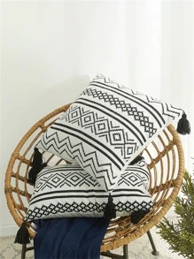 1入組幾何圖案靠墊套，無填充物，現代織物裝飾抱枕套 - 黑與白 - 查看 1