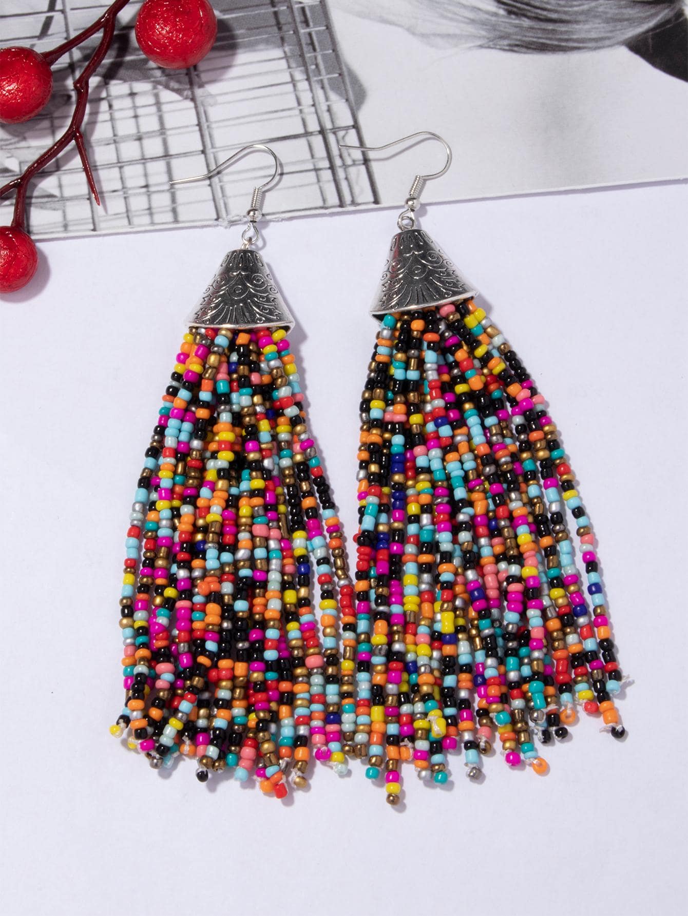 1 Đôi Boho Khối Màu Đính Hạt Tua Rua Bông Tai Nữ Cho Quà Tặng - Nhiều màu - Xem 1