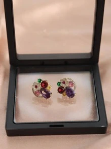 Sterling Silver Cubic Zirconia Decor Stud Earrings - Gold - View 2
