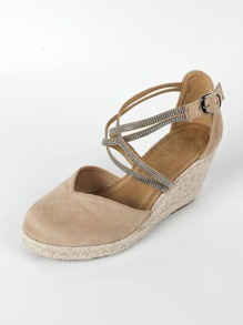 Women Rhinestone Decor Espadrille Ankle Strap Court Wedges, Vacation Outdoor Faux Suede Wedge Shoes - Apricot - View 7