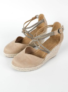 Women Rhinestone Decor Espadrille Ankle Strap Court Wedges, Vacation Outdoor Faux Suede Wedge Shoes - Apricot - View 6